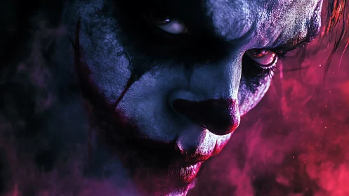 Sinister closeup of menacing clown face in red smoke.
