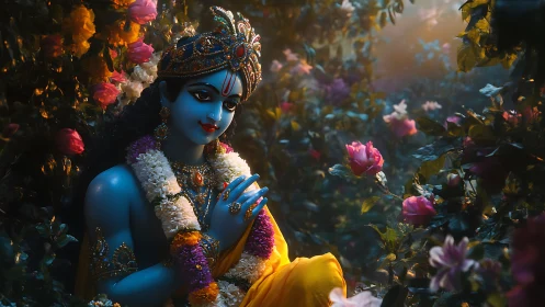 Gentle blue deity resting in a dreamy rose garden glow.