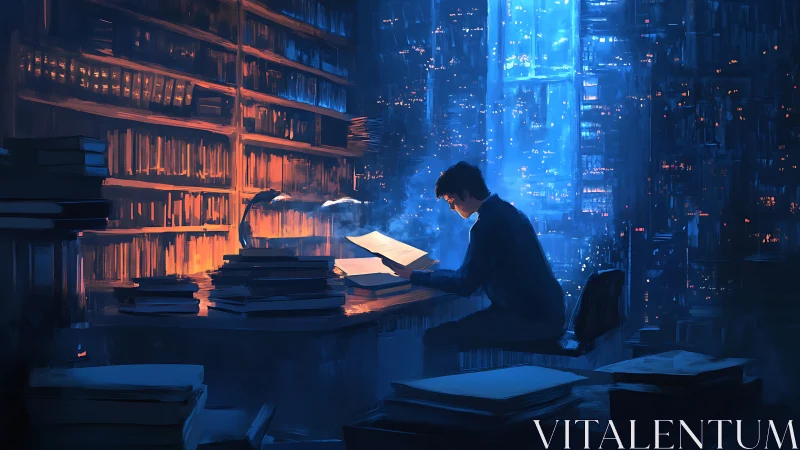 Nocturnal scholar in neon city library, cinematic blue-orange