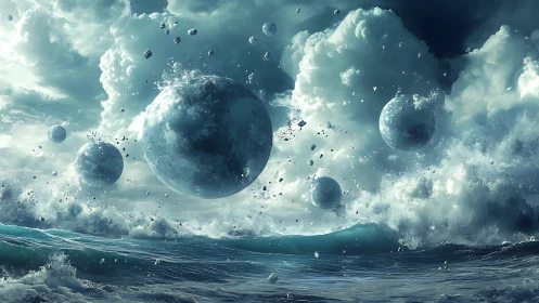 Floating crystal spheres churn through storm-tossed seas.