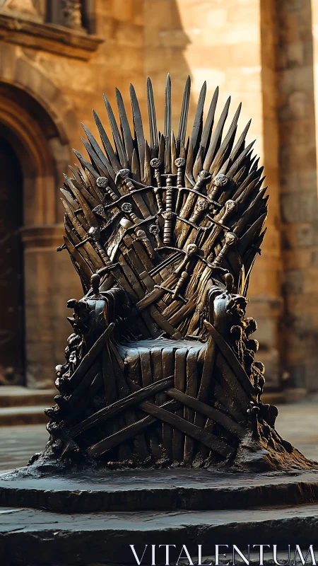 Iron sword throne sculpture in medieval stone courtyard.