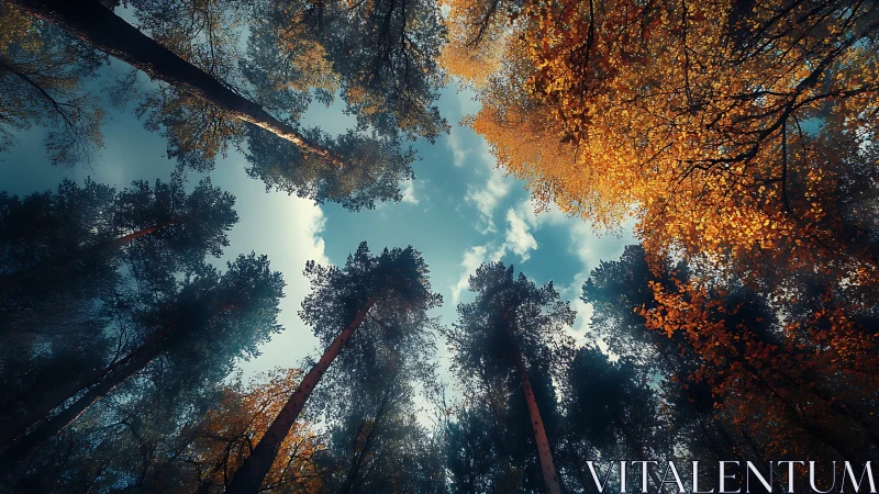 Autumn forest canopy from below with dramatic lighting and vivid colors.