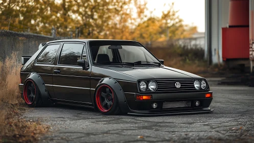 Stanced black hatchback with widebody kit on autumn street.