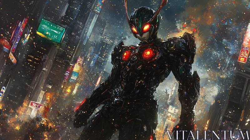 Cybernetic insectoid warrior dominating burning neon city.