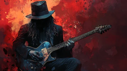 Shadowed blues guitarist in hat against abstract red field.