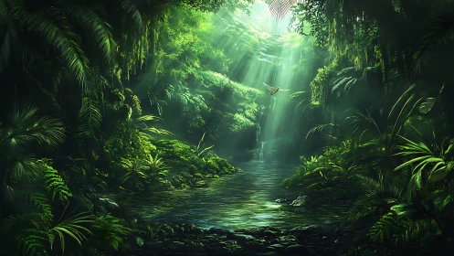 Luminous Jungle Sanctuary: Tropical Forest Digital Composition.