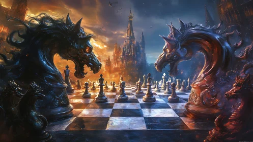 Elemental war-steeds loom over a blazing fantasy chessfield.