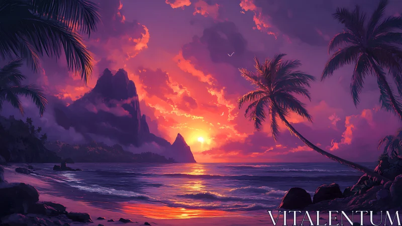Sunset paints volcanic shores with glowing tropical whispers