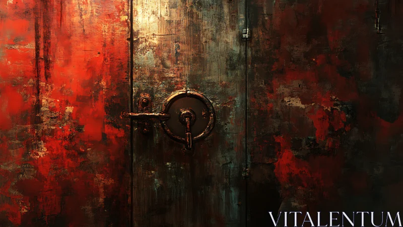 Corroded steel door with circular lock ring and scarlet decay
