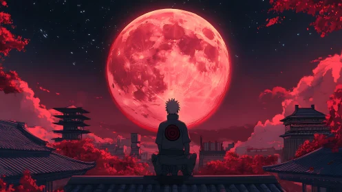 Solitary figure observes oversized red moon above stylized city