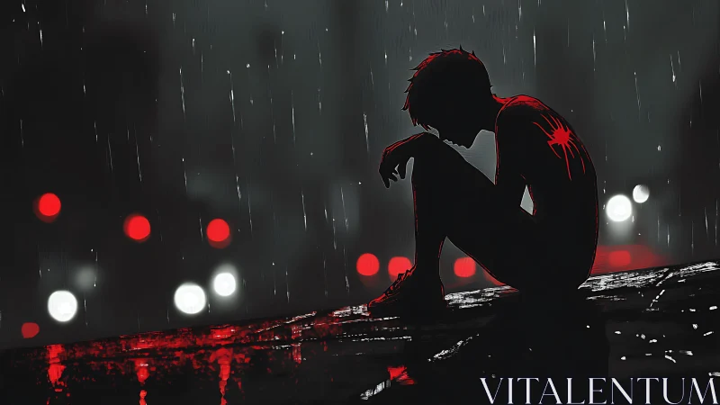 Silhouetted figure in rain against defocused city bokeh highlights