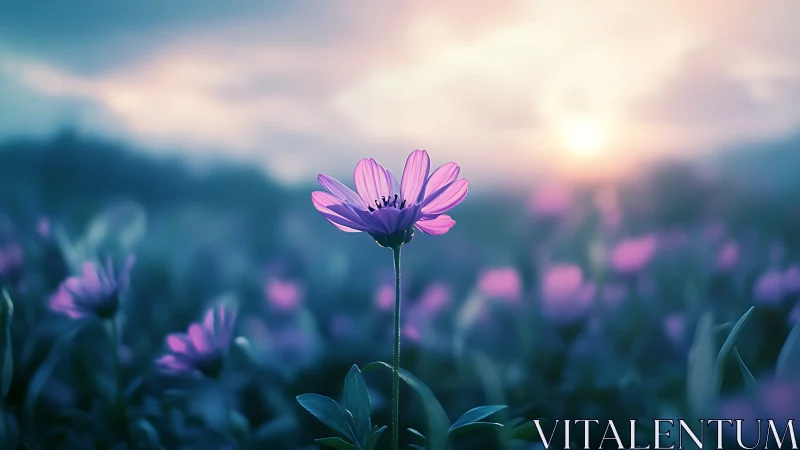 Single purple wildflower in soft focus field at sunrise.