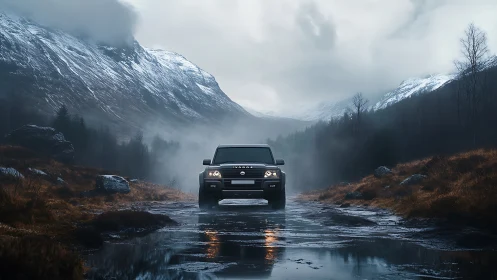 Off-road titan prowls a mist-soaked valley of cold mountains.