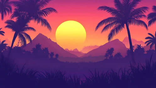 Neon-gradient tropical sunset silhouettes layered palm grove