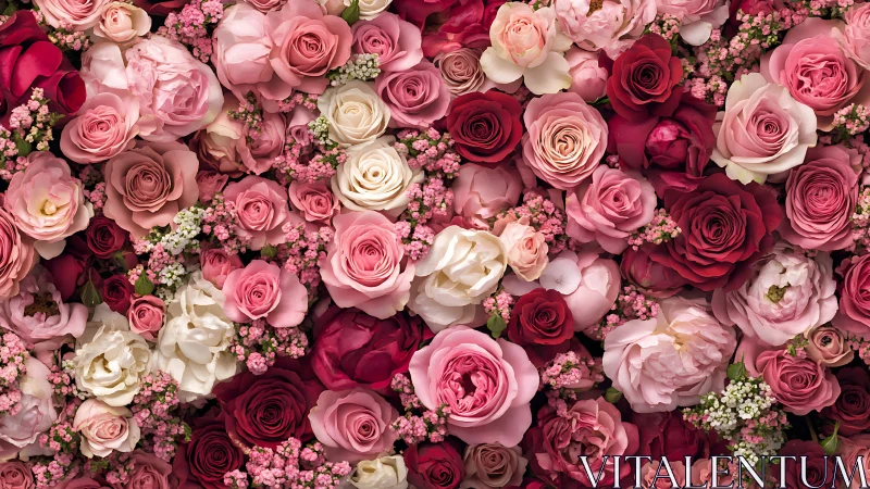 Lush Garden of Pink and Red Roses.