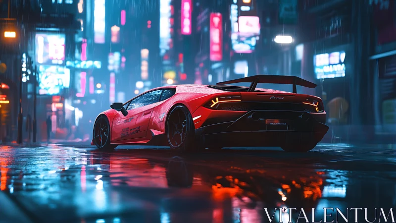 Red supercar cuts through neon rain in a futuristic city street