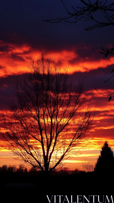 Bare deciduous tree silhouette against stratified fiery sunset