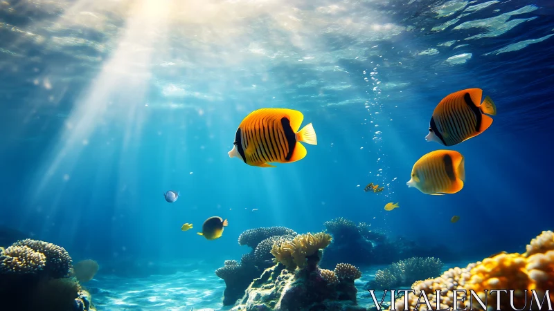 Tropical reef fish in sunlit blue underwater seascape.