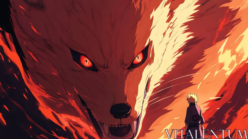 Large red fox-like entity confronts small human figure calmly