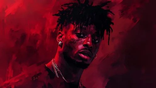 Digital portrait in red hues with intense male gaze.