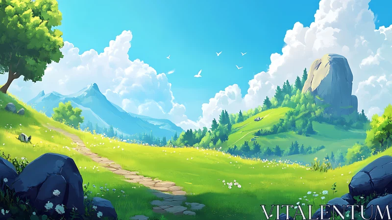 Sunlit alpine meadow with stylized depth, clouds and path leading