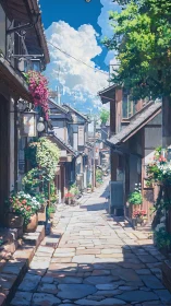 Sunlit stone alley in quiet flowered village street.