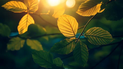 Sunlit Green Leaves Close-Up in Golden Hour Nature Photography.