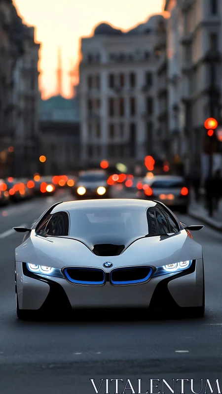 Urban dusk surrenders as a silver future-car claims the lane