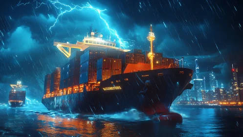 Container cargo ship in electrified nocturnal rainstorm at port.