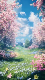 Spring meadow corridor with flowering trees under sky.