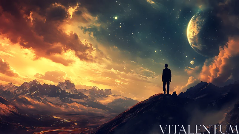 Cosmic panorama unveils lone silhouette under alien sky.