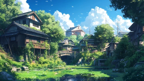 Quiet riverside village under bright summer sky.