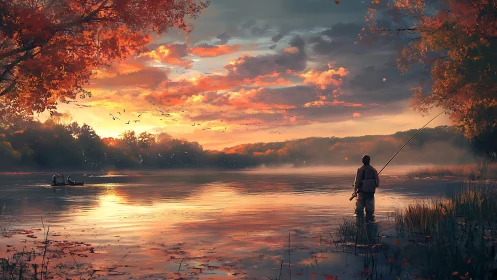 Golden evening sky welcomes a quiet fisherman by the lake