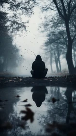 Solitary hooded figure reflects beside misted forest pool.