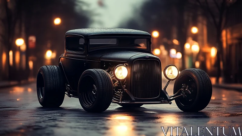 Midnight hot rod prowls rain-glossed city streets alone.