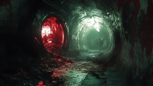 Dark industrial tunnel with lone figure and red side shaft.