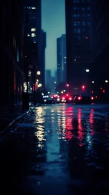 Moody city night glows gently on a rain-soaked empty street