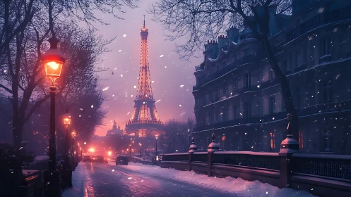 Snowlit Parisian boulevard framing Eiffel Tower at dusk.