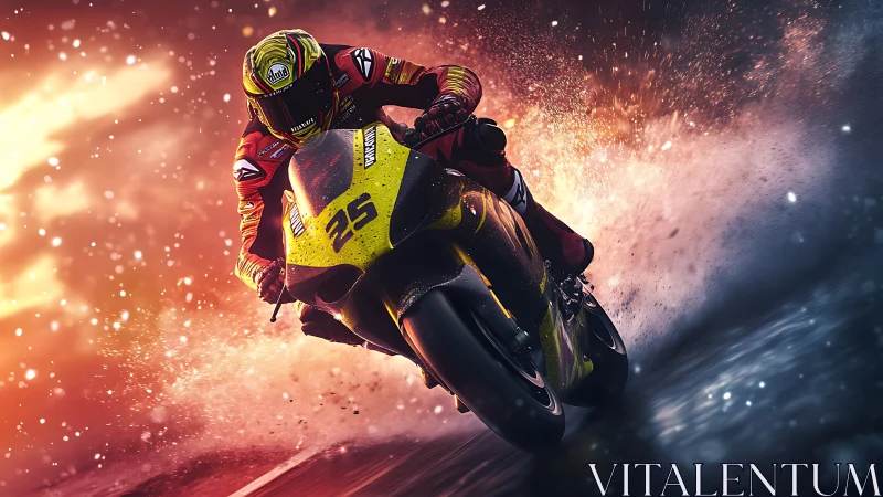 Motorcycle racer leans into corner on wet track at speed