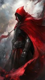 Hooded figure in red cloak with dark armor in misty scene.