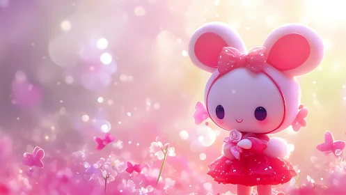 Pink rabbit character in stylized flower field environment.