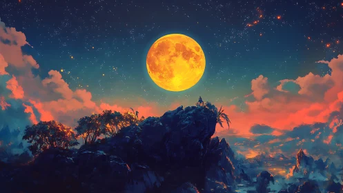 Luminous supermoon over tropical ridge in saturated dusk sky