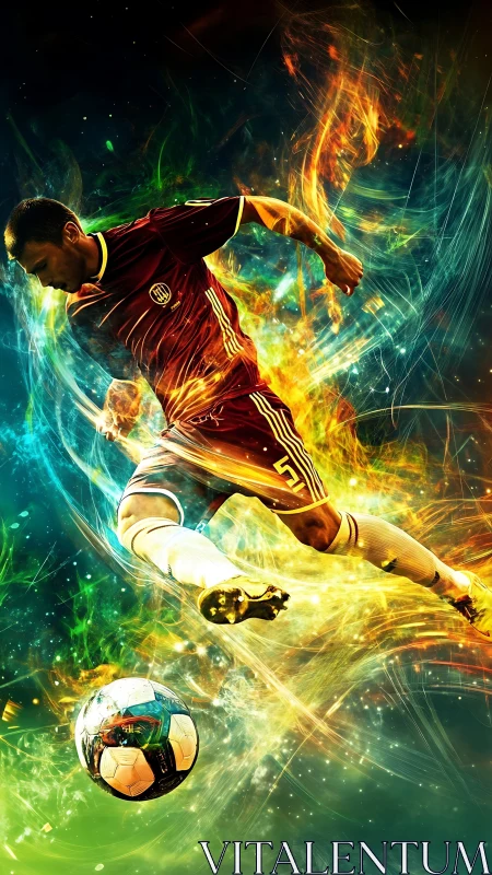 Kinetic football striker in chromatic plasma motion field.