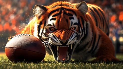 Hyperreal 3D tiger lunges beside textured football under stadium light