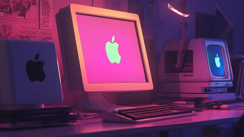 Retro Apple desktops glow under neon studio lighting