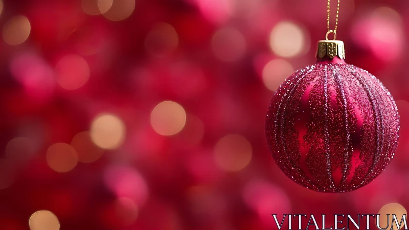 Sparkling crimson bauble drifting in rosy holiday bokeh.