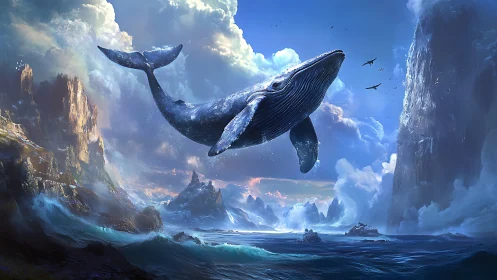 Majestic blue whale soaring above crystalline arctic sea.
