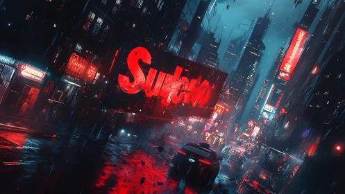 Neon soaked city street glows warmly through a rainy night