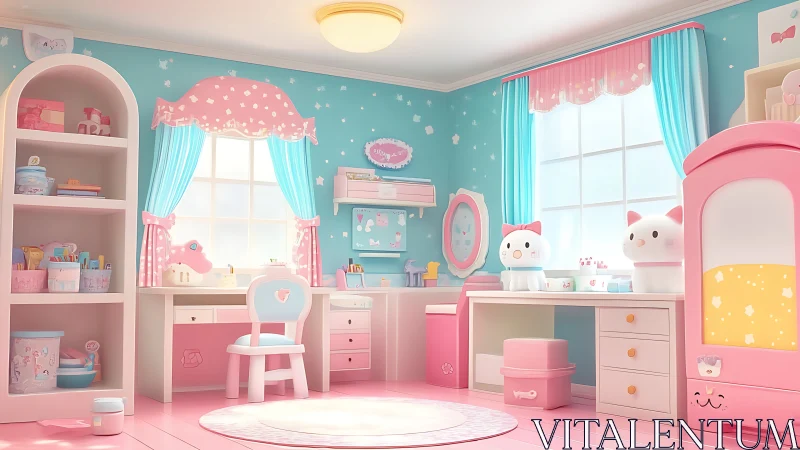 Rendered pastel bedroom interior shows organized study and play zones