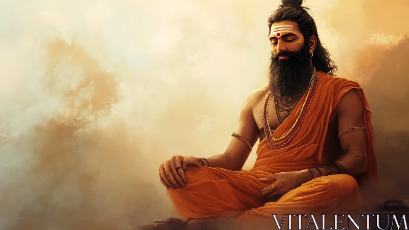 Saffron robed sage steadies the dawn inside quiet clouds